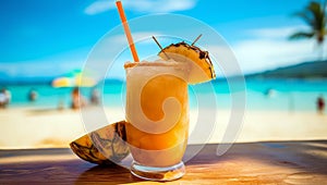 Pineapple tropical cocktails on a beach, alcoholic cocktails white sand and ocean background. Summer sea vacation and