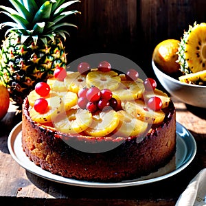 Pineapple Upside-Down Cake , traditional popular sweet dessert cake