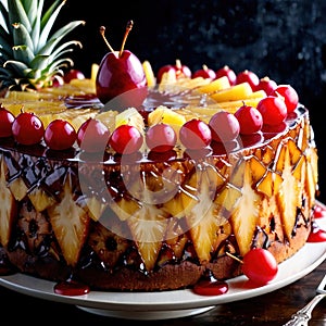 Pineapple Upside-Down Cake , traditional popular sweet dessert cake