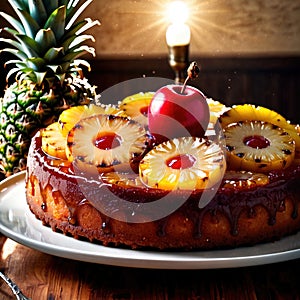 Pineapple Upside-Down Cake , traditional popular sweet dessert cake