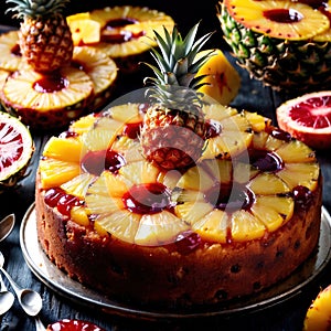 Pineapple Upside-Down Cake , traditional popular sweet dessert cake