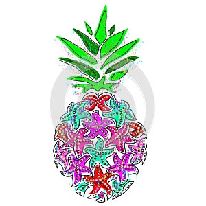 Pineapple vector illustration. Colorful starfish pineapple on a black background.