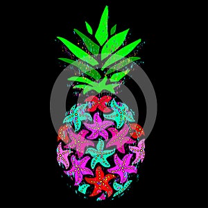 Pineapple vector illustration. Colorful starfish pineapple on a black background.