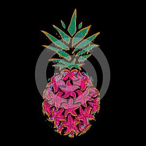 Pineapple vector illustration. Colorful starfish pineapple on a black background.