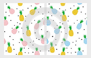 Pineapple Vector Pattern. White Backgound. Cute Infantile Abstract Design.