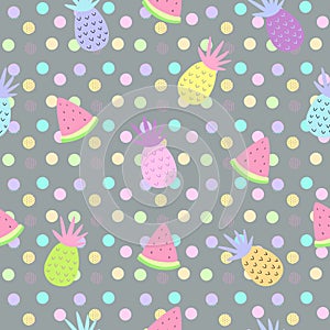 Pineapple and watermelon seamless patterns on dot background