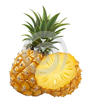 Pineapple whole and half isolated on white background