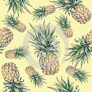 Pineapple on a yellow background. Watercolor colourful illustration. Tropical fruit. Seamless pattern