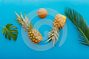 Pineapples and palm leaves on blue color summer background. Tropical summer pineapples coconut fruits flat lay