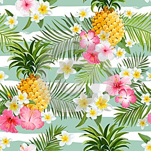 Pineapples and Tropical Flowers Geometry Background photo