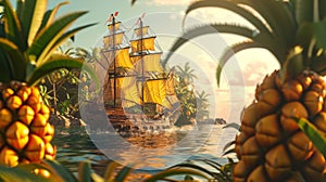 A pineapplethemed pirate ship with sails made of giant pineapple leaves cruising through the waters of Pineapple
