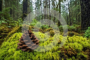 Pinecone on moss in forest