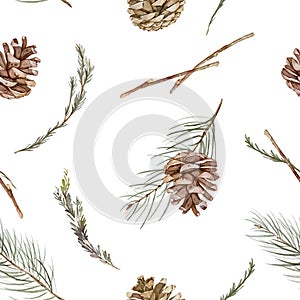 Pinecones and branches seamless pattern with coniferous elements photo