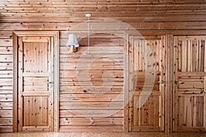 Pinewood interior wall and doors, cabin cottage.