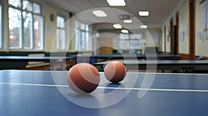 Ping-pong balls on a table in a hall