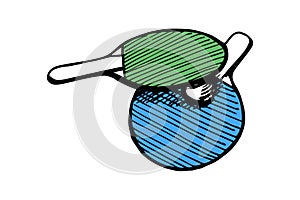 Ping-pong green and blue rackets and ball hand drawn outline sketch. Table tennis equipment. Ping pong game paddles logo