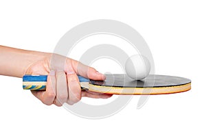 Ping-pong in hand isolated on white background