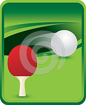 Ping pong paddle and ball on green background