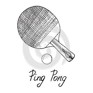 Ping pong paddle and ball, hand drawn doodle sketch with inscription, isolated vector illustration