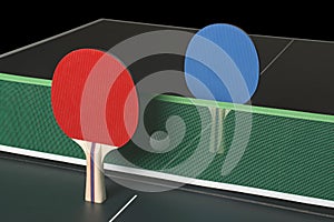 Ping Pong Paddles on Table, standing upright