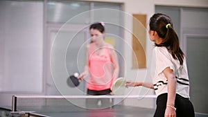 Ping pong playing. Young woman with ponytail playing table tennis with her friend. Back view