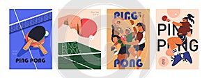 Ping-pong poster designs set. Table tennis tournament, championship, promotion flyer. Pingpong competition, indoor sport