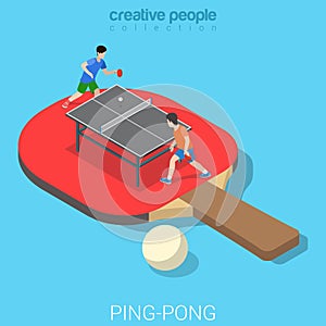 Ping-pong table tennis racket players flat isometric vector 3d