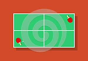 Ping pong table. Tennis table with racket and ball. Top view equipment. Game and tournament. Green cartoon pingpong court isolated