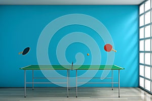 Ping-pong Tennis Table with Paddles. 3d Rendering