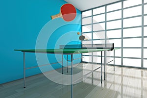 Ping-pong Tennis Table with Paddles. 3d Rendering