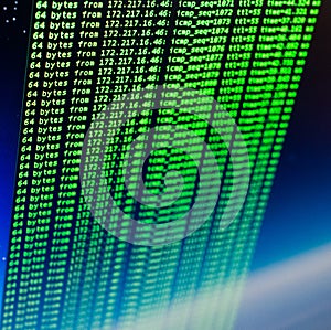 Ping of site using UNIX bash shell. Green code in command line interface.