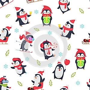 Pinguin seamless pattern. Cartoon textile design with vector illustration of winter snow wild cute animal in various