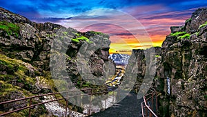 Pingvellir Thingvellir National Park, Tectonic Plates at sunset in Iceland