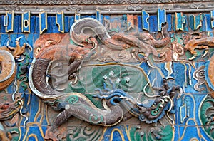 Pingyao in Shanxi Province, China: Detail of the Nine Dragon Wall or Nine Dragon Screen