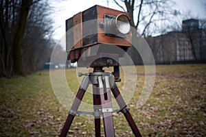 pinhole camera with open shutter on tripod