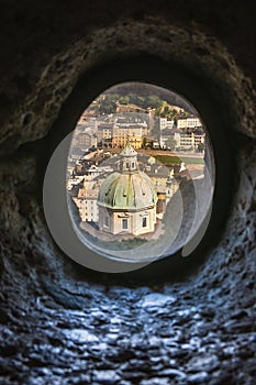 Pinhole view of salzburg cathedral`s dome in salzburg city, austria