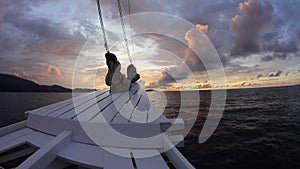 Pinisi Schooner Sailing Into Sunset in Raja Ampat