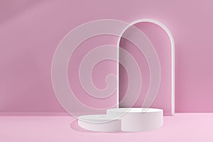 Pink 3d illustration with round platform stand, circle pedestal for presentation product. Podium for advertising and sales . 3d