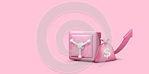 Pink 3D safe box with maney bag and rising arrow. Strongbox with lock door for business banner or poster