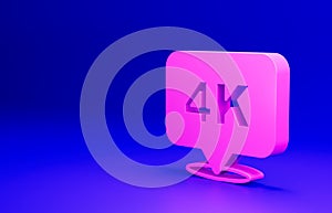 Pink 4k Ultra HD icon isolated on blue background. Minimalism concept. 3D render illustration