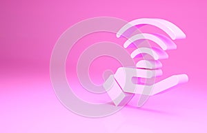 Pink 5G new wireless internet wifi connection icon isolated on pink background. Global network high speed connection