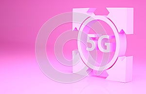 Pink 5G new wireless internet wifi connection icon isolated on pink background. Global network high speed connection