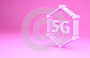 Pink 5G new wireless internet wifi connection icon isolated on pink background. Global network high speed connection