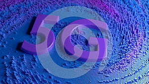 Pink 5G symbol on blue cubic landscape telecommunications concept