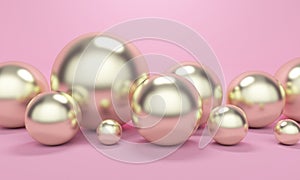 Pink abstract background with golden spheres. 3d rendering