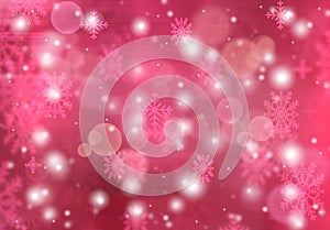 Pink abstract background. white light and snowflakes bokeh winter for Christmas new year blurred beautiful shiny lights