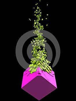 Pink abstract cube shape exploding into thousand bright green pieces