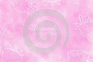 Pink abstract watercolor background with sketch style leaves and strawberries frame