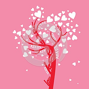 Pink abstract tree with small and big white hearts on a pink background for Valentines day