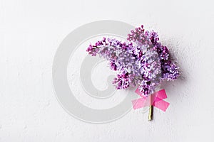 Pink adhesive tape attaches beautiful lilac flowers on on white wall. Minimal creative holiday concept, front view